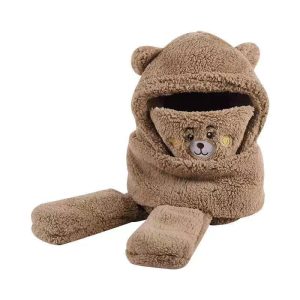 かわいいクマのデザインを施した帽子・マフラー・手袋が一体となった耳付きニット帽をカスタマイズする